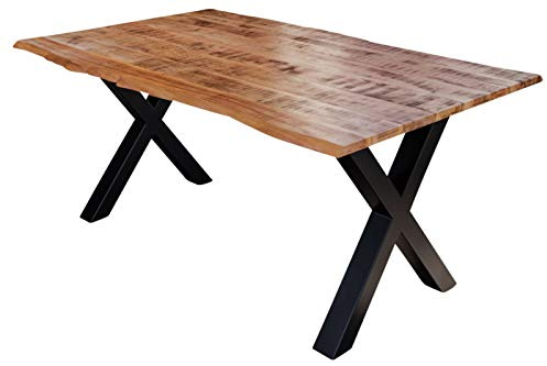 SAM Esstisch Dora 200x100 cm Mangoholz Baumkante X-Gestell schwarz | Baumkantentisch massiv, naturfarben lackiert, 26 mm Tischplatte, Metallgestell
