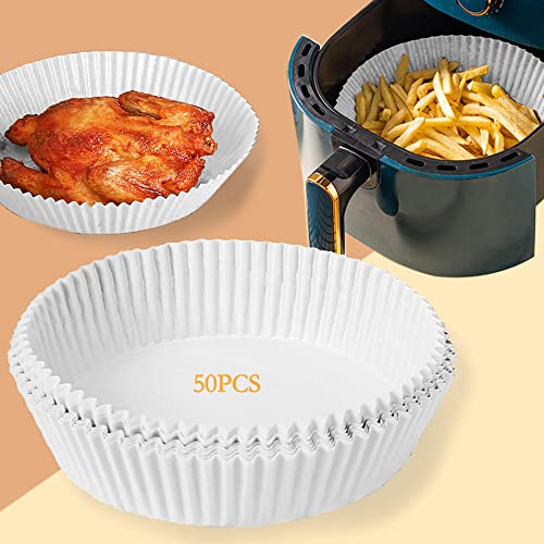 Papier Sulfurisé pour Air Fryer,AWECOT Antiadhésif & Résistant à l'huile & Imperméable Papier Cuisson Jetable pour Friteuses à Air,Four,Micro-ondes,Panier Vapeur(Blancs,50 pièces)