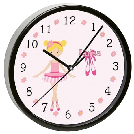 CreaDesign, Wanduhr Kinder personalisiert mit Name, Motiv Balerina, Rahmen Wanduhr schwarz, Ø 19,5 cm
