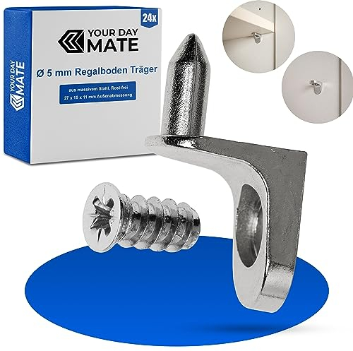 Regalboden Träger, 24 Pack, Winkelbodenträger mit Zapfen und Schraube, für Ø 5 mm Bohrlöcher, L-Form Stütze aus Stahl, Einlegeboden Halter, D5 Stahlwinkelstütze schrauben, Winkel Bodenträger L Form