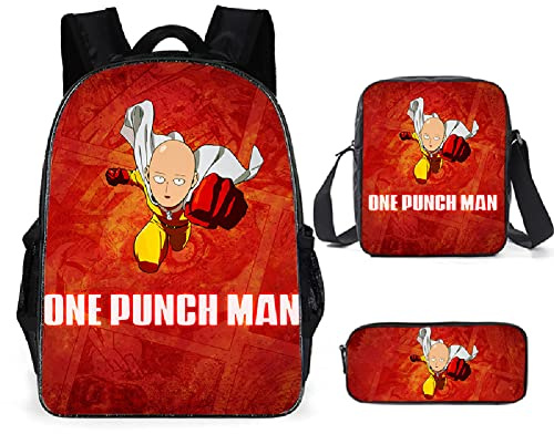 Jilijia ONE Punch Man Backpack Set Saitama/Genos Print Backpack 3-Piece Set Cartoon Laptop Backpack Lunch Bag Pencil Case Gift for Teen Boys Girls
