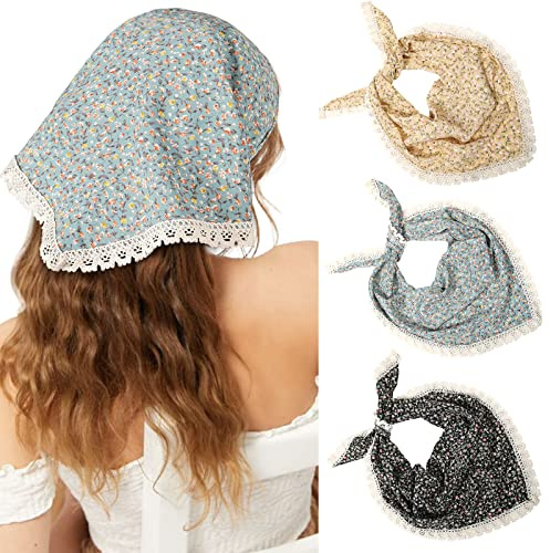 Molans 3 st blommig huvudscarf, chiffong hår bandanas näsduk, vintage boho hårscarf för kvinnor flickor, Blå/svart/kaffe, 3 Count (Pack of 1)