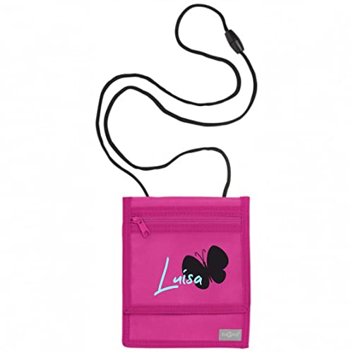minimutz Brustbeutel zum Umhängen mit Namen | Motiv Schmetterling | Personalisierte Kinder-Geldbörse für Mädchen | Geldbeutel mit Klettverschluss und Umhängeband (pink)