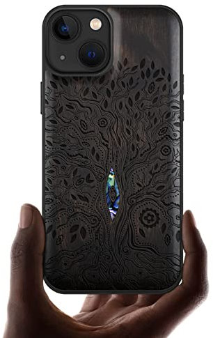 Carveit Coque magnétique pour iPhone 13 Étui de TPU Case [Gravure en Bois et Incrustation de Coquille] Cover Compatible Magsafe avec 13 Etui (Bois Sombre-Arbre de la Vie)