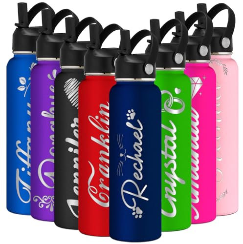 Individuell gravierte Wasserflasche, isoliert mit Strohhalm, personalisierte Sport-Wasserflasche mit Namen, personalisieren Sie Edelstahl-Wasserflasche mit Strohhalm-Deckel für Männer und Frauen