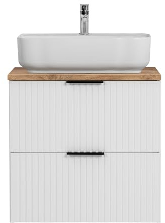 Lomadox Waschtisch 60cm mit Aufsatzbecken, weiß mit Eiche Nb., Front gerillt, Keramikwaschbecken weiß