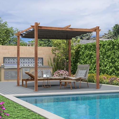 PURPLE LEAF Pergola 3 x 3 m Holzoptik Gartenpavillon Alu mit Schiebedach Terrassenüberdachung Wasserfest Stabil Winterfest mit Markisenschutz für Terrasse, Grau