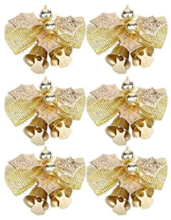 GETREY Weihnachten Bögen, Bogen Dekorationen, 6 Stück Weihnachtsstoffschleifen Mini-Weihnachtsbaumschleifen Startseite Weihnachten Goldschleife Doppelglocken Dekoration Geschenke