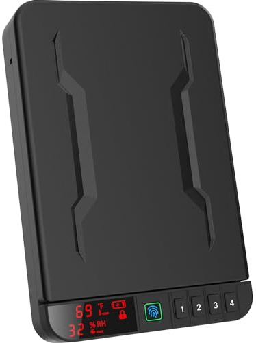 Z ZLJUAN Coffre-fort portable pour pistolet avec écran LCD de température, humidité, empreintes digitales biométriques, verrouillage du clavier, clé, arme de poing biométrique pour voyage/maison