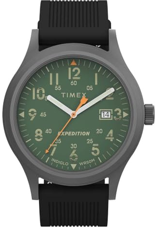 Timex Montre pour Homme Expedition Scout 40 mm - Bracelet en Silicone Noir, Cadran Vert, boitier Gris Acier TW4B30200