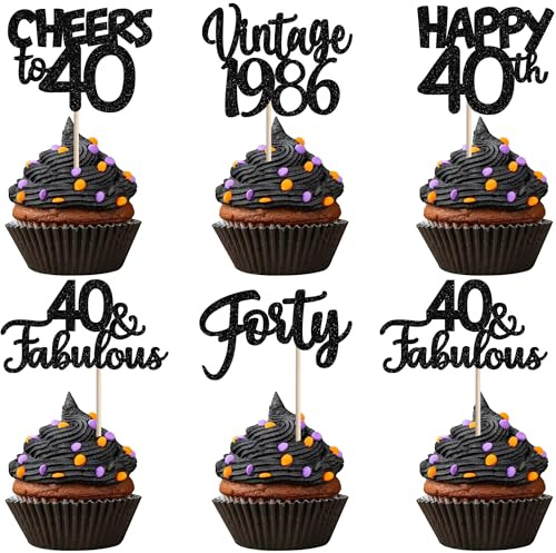 SYKYCTCY 30 Pack Happy 40th Birthday Cupcake Toppers Glitter Forty Vintage 1986 Cupcake Picks Cheers to 40 Fabulous Cake Decorations for 40th Birthday Wedding Anniversary Party Supplies Black