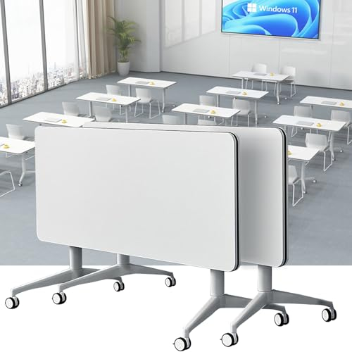 4-teiliger weißer Konferenztisch, klappbare Besprechungstische, 140 cm großer mobiler Konferenz- und Schulungstisch mit Klappplatte, rollender Besprechungstisch mit Lenkrollen, geeignet for Büro und K