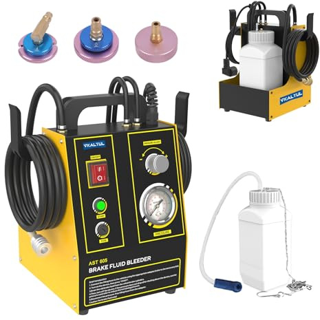 VKALTUL Dispositivo de Purga de Frenos para Coche, Dispositivo de Cambio de líquido de Frenos con manómetro, depósito de Almacenamiento de 1 L, 3 adaptadores para Coche multimodelo, 0,7 – 2,5 Bar