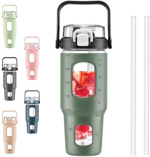 BLUEGO 960ml Glass Water Bottles with Straw Time Marker Half Gallon Large Motivational Water Bottle with Silicone Sleeve 0.96 Liter Large Glass Water Jug for Gym, Sports& Workout, Daily, Olive