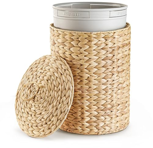 BLUEWEST 3 Gallons Wicker Trash Can with Lid,Handwoven Rattan Trash Can, Woven Decorative Wastebasket, Wicker Waste Basket with Removable Plastic Inner Bin for Bathroom, Bedroom, Office, or Kitchen