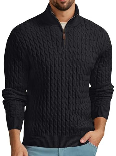 QIXING Pullover Herren Troyer mit Zopfmuster Weicher Freizeit-Strickpullover mit 1/4-Reißverschluss und gerippten Kanten Winterpullover Herren