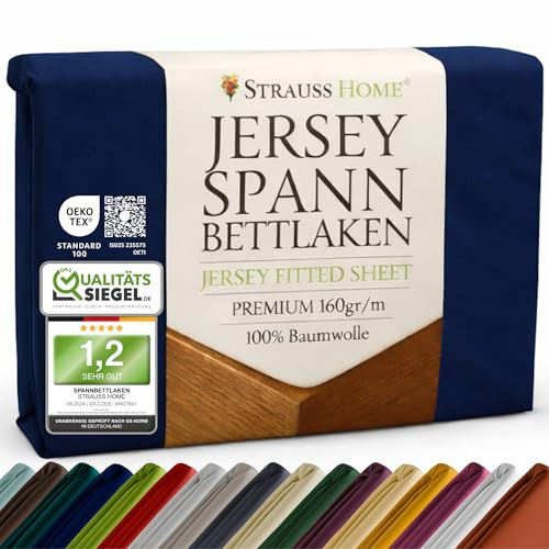 Strauss Home Premium Spannbettlaken Jersey 120x200-120x220 cm - 160 g/m² 100% gekämmte Baumwolle, 30 cm Steg, Oeko-TEX - für Komfort- & Einzelbett bis 25 cm - Navy