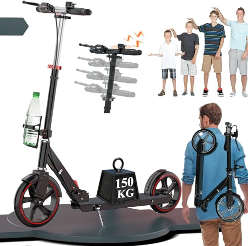 CXYTX Cityroller Tretroller Erwachsene 150 kg Tragkraft, 230mm Big Wheel Scooter mit Bremsen und Stoßdämpfern, Kickboard Klappbar & Höhenverstellbar, Roller Kinder, Tragegurt,Reddish Black
