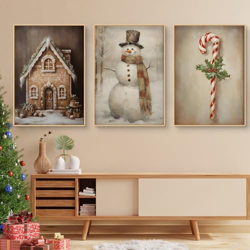 Uixxducc 3er Weihnachten Premium Poster Set, Winter Elch Schneemann Winterlandschaft Wandbilder Kunstdrucke Leinwand Bilder Wohnzimmer & Schlafzimmer, Ohne Rahmen (40x50cm,B)