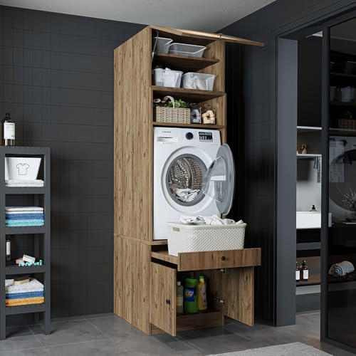 ROOMART • Waschmaschinenschrank mit Ausziehplatte • Platzsparend • Praktisch • Ideal für Hauswirtschaftsraum (Eiche, 1 Schrank - (230 cm hoch))