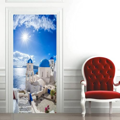 Adesivi per Porte Cielo Azzurro Adesivo Porta Interna Casa Sulla Spiaggia 3D Pellicola Adesiva Carta Da Parati Soggiorno Bagno Autoadesivo Porta Murale Decorazione 77x200 cm M1605