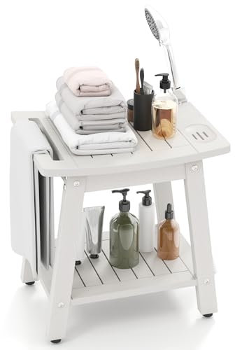 COSTWAY Sgabello Doccia, Sedia per Doccia in HIPS con Maniglia, Supporto per Soffione e Portasapone, Portata 150 kg, Seggiolino da Bagno Impermeabile per Spa e Vasca