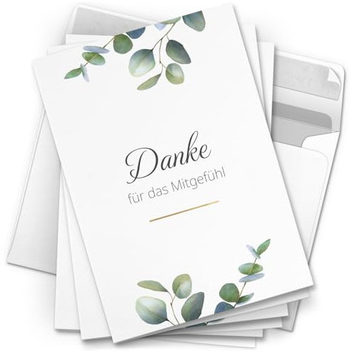 Danksagungskarten Trauer – 10 Klappkarten mit Umschlägen – Motiv: Eukalyptus – Trauerkarten Danksagung mit Text – Dankeskarten Trauer nach Beerdigung