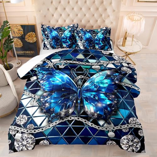 Bettdecke 140X200 4 Jahreszeiten Steppdecke Mit 200Gsm Mikrofaser Füllung, Antiallergisch & Waschbar, Leichte Ganzjahresdecke Mit 2 Kissenbezügen,3D Druck Blauer Schmetterling