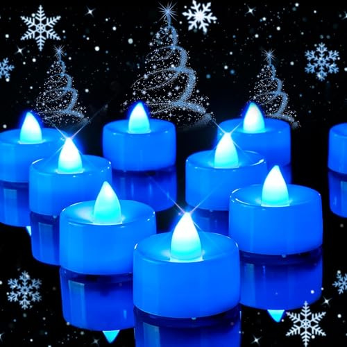 AMAGIC Lot de 24 bougies chauffe-plat LED sans flamme à piles - Bougies chauffe-plat vacillantes pour Noël, mariages - Bleu