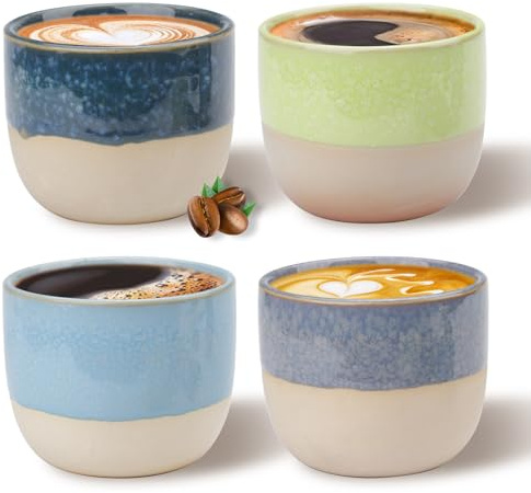 Yitexin Set of 4 Porcelain Espresso Cups, 5 Oz/150 ml Coffee Mug, Semi-Glaze Demitasse Espresso Coffee Cups for Tea Latte Cappuccino Coco Cafe Restaurant (Brown-Blue, Blue, Green, and Light Blue)