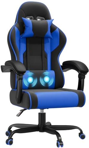 JUMMICO Gaming Stuhl mit Massagefunktion, Bürostuhl Ergonomisch 150kg, Gamer Stuhl mit 50 cm Extrabreites Sitzkissen, Blau