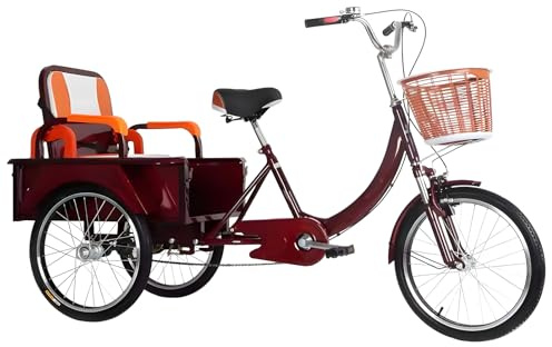KIBONCY Erwachsenen Dreiräder, Erwachsene Trikes, 3-Rad-Fahrrad, 70-Liter-Eimer (Keine Inflation) Vollgummireifen, Stoßdämpfung, Doppelkette, für Senioren, Frauen, Männer A