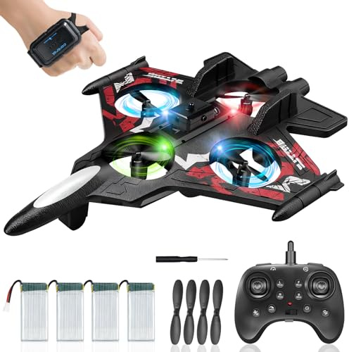 HERMORRYSS Avión Teledirigido, Avions de Juguete con Luz y Evita Obstáculos, RC Caza Modelo con 2 Mandos A Distancia, RC Avión con Rotación de 360° y Cuatro Pequeñas Hélices, Regalo para Niño (Rojo)