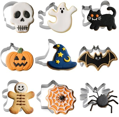 9 Pieces Halloween Cookie Cutters, Stainless Steel Biscuit Cutter Set - Pumpkin,Bat,Ghost,Cat,Witch Hat, Cobweb, Ghost, Skull,Spider, for Pastry Baking Fondant Sandwich Cake Decoration