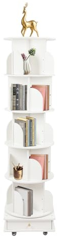 whsiodj Drehbares Bücherregal 5 Etagen 360° Rotation 45kg Tragkraft PVC Furniert 46x173cm mit Rollen & Bremsen Platzsparend für Wohnzimmer Home Office Weiß