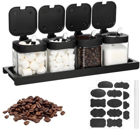 YBEATY 4 Pcs Glass Coffee Containers Coffee Bar Station Organizer Canister Set Airtight Seal Bean Storage Jars Condiment Spice Pots with Base Shelf Labels Spoon Pen for Sugar Tea Candy Oats Nuts