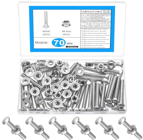 70 pcs M6 x 40mm Carriage Bolts and Nuts Set, Stainless Steel Coach Bolts with Hex Flange Nuts, Round Head Square Neck Bolts for Wood, Metal, Fence and Gate Fittings