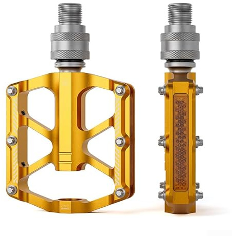 Quick Release 3 Bearing Bicycle Pedals Folding Design Anti-Slip Spikes Alloy 6061 Platform for Brompton Folding Bike Road Cycling(gold)