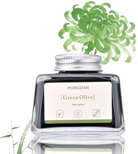 Hongdian Tinta Embotellada para Pluma Estilográfica Color Verde Oliva, 60ml Botella de Tintero Sin Carbono, Tinta para Caligrafía Artística