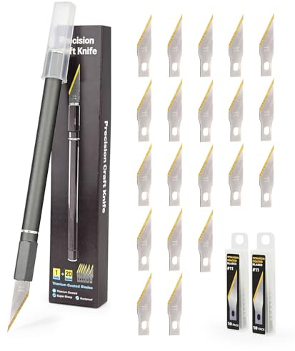 EHDIS Cutter de Precision con 20 Cuchillas de Titanio, Mango de Aleación de Aluminio, Bisturi Manualidades con Cola Magnética, para Tallar, Cortar, Película para Ventanas, Negro