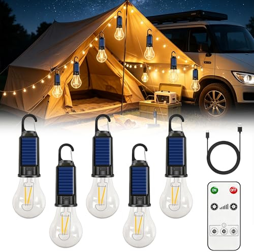 Campinglampe Aufladbar, 5 Stück Camping Lampe Solar mit 3 Helligkeitsmodi, LED Campinglampe Glühbirn, Wasserdicht Camping Licht Glühbirne für Erkundungstouren, Angeln
