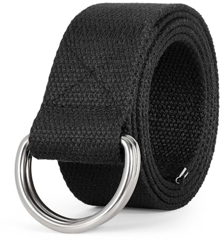 JasGood Unisex Leinwand Gürtel Herren Damen Canvas Stoffgürtel Verstellbar Arbeitsgürtel Ohne Löcher Mit Doppel D Metallschnalle für Geschäft Sport Lässig,Schwarz,120cm