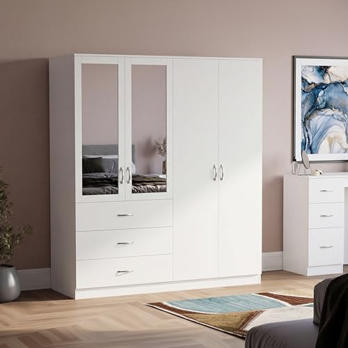 Vida Designs Riano 4 Door 3 Drawer Mirrored Wardrobe | White | Modern Bedroom Furniture | 175H x 154W x 54D cm | With Storage Shelf & Hanging Rail | Large Capacity Storage