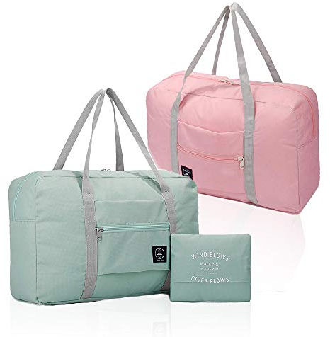 (2er Pack) Faltbare Reisetasche, wasserdichte Handgepäcktasche, leichte Reisetasche für Sport, Fitness, Urlaub (Hellblau & Hellrosa)