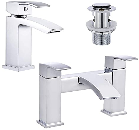 Funime Bathroom Waterfall Basin Taps with Pop Up Waste and Square Bath Taps Set Chrome Brass Sink Mixers, Monobloc Double Lever Bath Tub Mixer Tap with Single Lever Bathroom Sink Tap Set