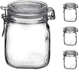 Contenitore Vaso, Tappo Ermetico, Vetro, Trasparente, 4 PEZZI (1 LITRO)