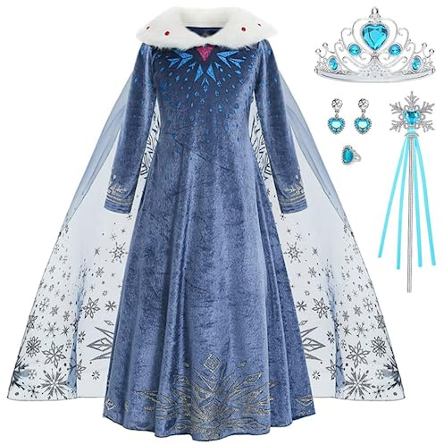 ZaisuiFun Prinsessan Elsa-dräkt för flickor, blå snödrottningsklänning, långärmad, varm, plyschkrage, klänning för halloween, födelsedagar, karnevaler, 6–7 år