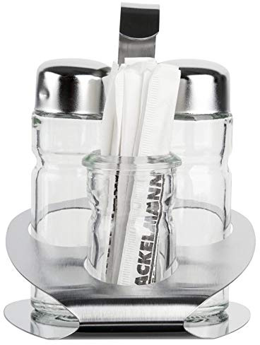FMprofessional Menage 4-teilig BASIC, Gestell aus Edelstahl, zwei Streuer aus Glas und Edelstahl, Glas für Zahnstocher, hochwertiges Tischgestell mit Salz- und Pfefferstreuer, praktische Gewürzgläser