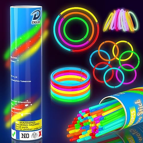 DELEE 100PCS Glow Sticks,Glow Sticks Party Packs Neon Glow Stick Bracelets,Glow Necklaces for Kids Adults, Perfect for Weddings,Parties,Festivals,Halloween,Christmas - Glow in the Dark Party Supplies