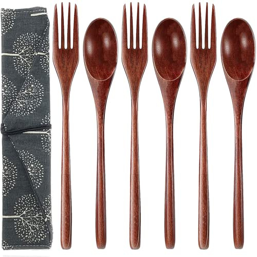 Wooden Fork and Spoon Utensils Set for Eating 6 Pcs Reusable Wooden Cutlery Set Travel Spoons and Forks with Case Wooden Flatware Utensils Cutlery Set for Eating with Case